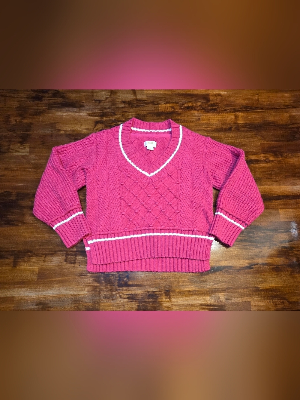 Maeve Anthropologie Tilly Cable Knit V Neck Sweater Pink White Size XXS Soft Gir